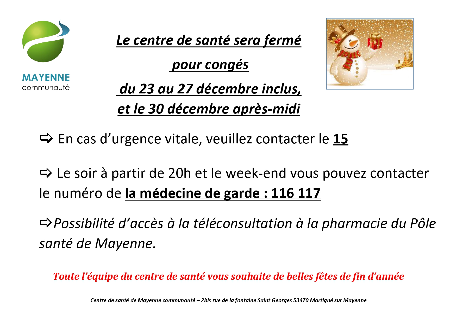 CDS congés Noël 2024